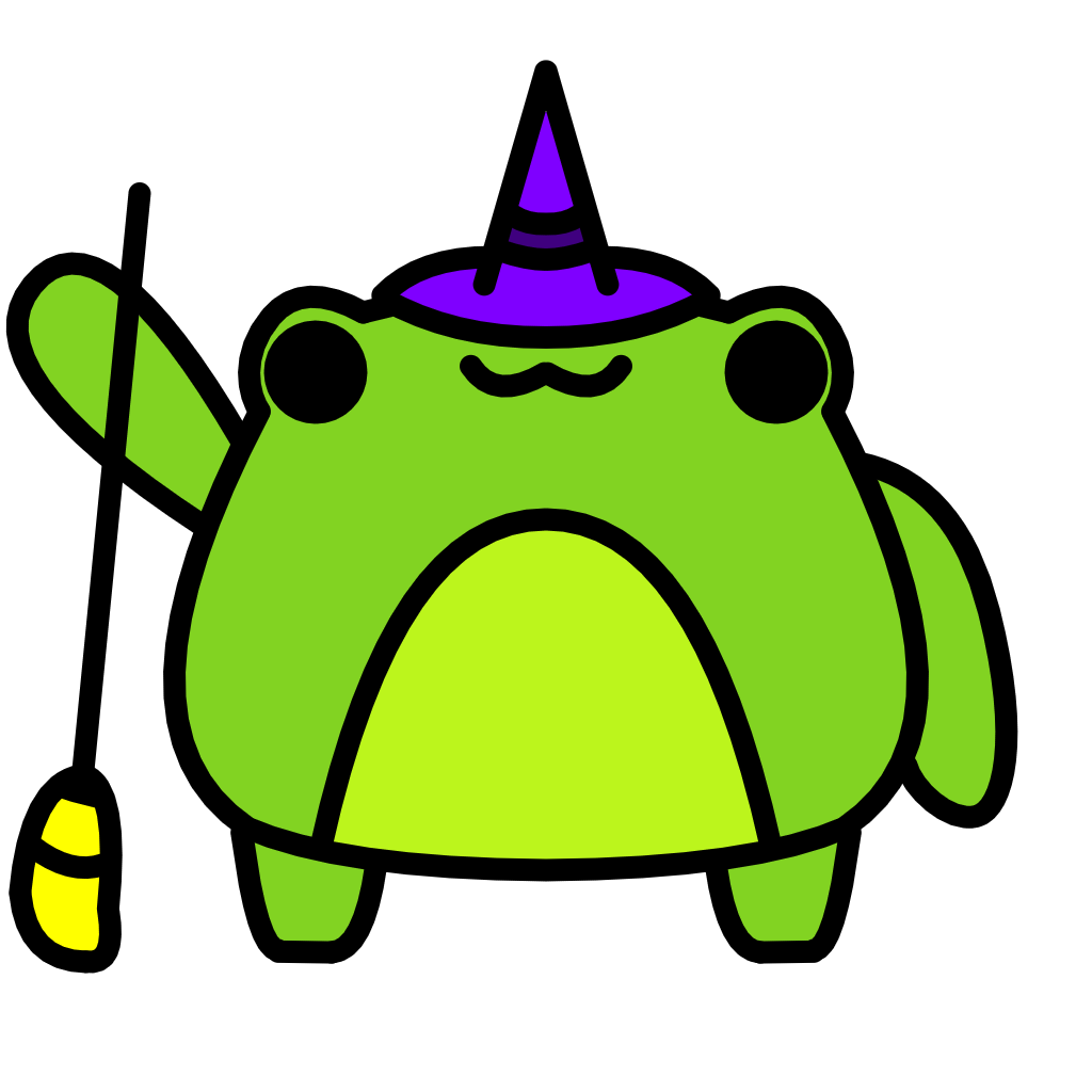 A round cartoon frog in a witch outfit